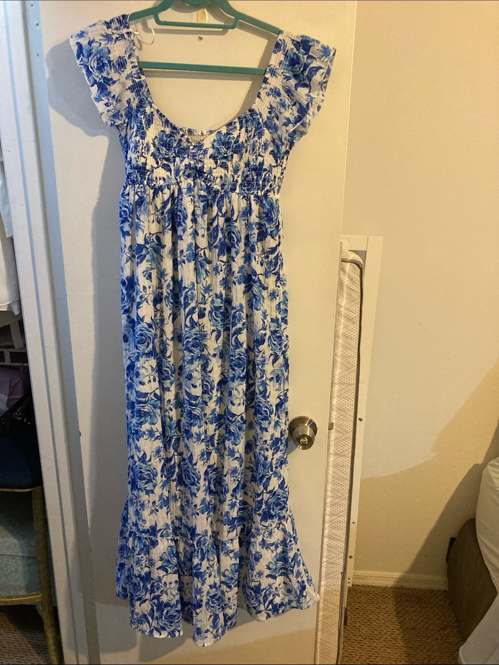 Blue and White Floral Smocked Maxi Dress with Flutter Sleeves